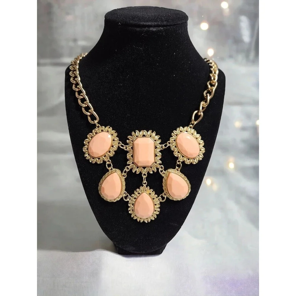 Peach Gold Toned Bib Statement Necklace Chunky Textured Chain Link